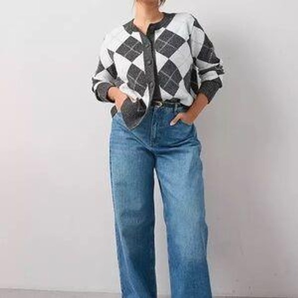$238 NWT Song of Style Argyle Cardigan Women XS Grey White Gold Button ST23638